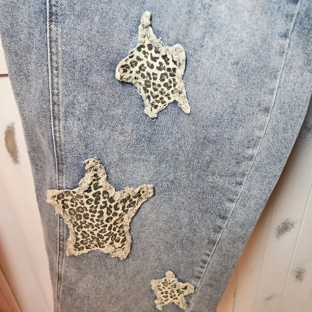 Blue Velvet Leopard Star Patch Wide-Leg Jeans